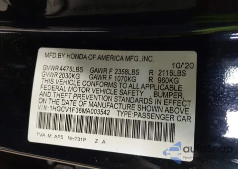 2021 Honda Accord Sport из США, поврежденный, VIN 1HGCV1F36MA003542